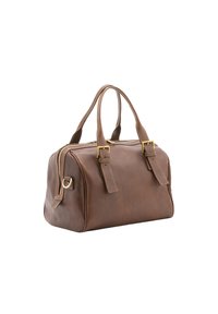 Borsa fatta di pelle marrone con due manici corti, con dettagli in hardware dorato, una chiusura con zip e una forma ovale. Presenta cuciture leggere sui bordi.