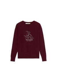 Bordeauxfarbener gestrickter Pullover mit Rundhalsausschnitt, langen Ärmeln und grafischem Design von Hunden in weißer Umrandung mit "TRUSSARDI GENTLE SOCIETY" darunter.
