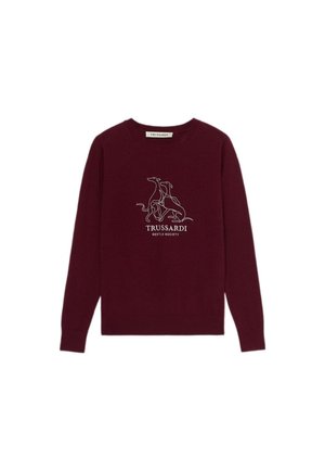 Sudadera de punto burdeos con cuello redondo, mangas largas y un gráfico contorneado en blanco de perros con "TRUSSARDI GENTLE SOCIETY" debajo.