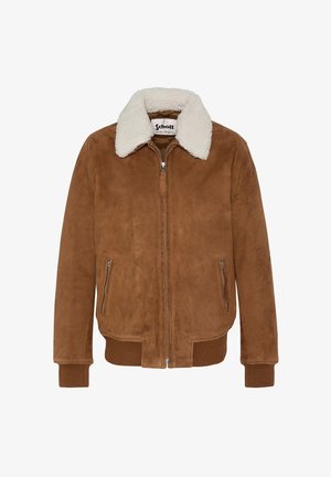 Veste en suède marron avec un col en fourrure blanche, une fermeture éclair argentée et deux poches avant. Poignets et ourlet côtelés pour plus de structure.