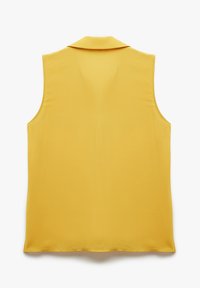 Sleeveless yellow blouse with a point collar, smooth texture, and straight hem. Simple design, no visible patterns or hardware details.