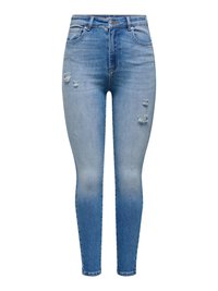 Jean skinny taille haute bleu clair avec des zones usées sur l'avant des cuisses et des poches, fermeture par bouton et zip.