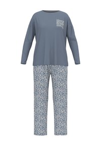 lichtblauwe langermouwtop met de tekst "SUNDAY", gecombineerd met gestreepte broek in lichtblauw en crèmekleur met abstracte vormen. Zachte stof, relaxte pasvorm.