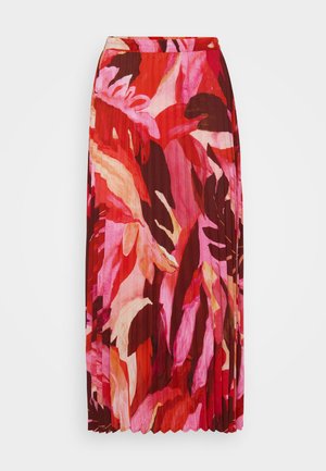 Gonna maxi plissettata con un vivace design floreale nelle tonalità di rosso, rosa e crema; realizzata in tessuto leggero con una cintura elastica.