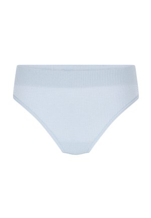 Lichtblauwe, hoog getailleerde, gestructureerde bikinibroek met een brede tailleband en naadloze randen op een witte achtergrond.
