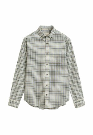 Bluse mit langen Ärmeln, grün- und cremefarbigem Karomuster, einer Brusttasche und braunen Knöpfen. Aus leichtem Stoff hergestellt.