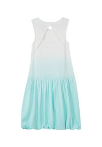 Robe sans manches avec un haut blanc se fondant en une jupe turquoise clair. Présente une taille froncée et un design à dos en trou de serrure. Matériau en coton.