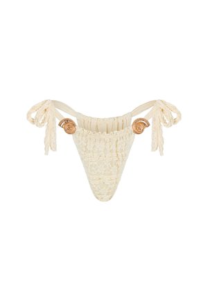 White lace bikini with a triangular shape, featuring textured fabric and tied side straps. Notable spiral accents on both sides.