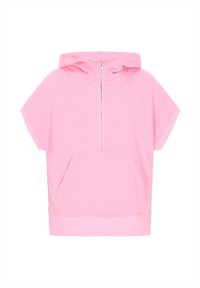 Felpa con cappuccio rosa a maniche corte, tasca frontale, chiusura a mezza zip, realizzata in tessuto morbido e caratterizzata da una vestibilità rilassata.
