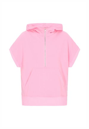 Różowa bluza z kapturem, krótki rękaw, kieszeń z przodu, pół zamek, wykonana z miękkiego materiału i charakteryzująca się luźnym krojem.