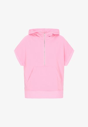 Roze hoodie met korte mouwen, voorzak, rits aan de voorkant, gemaakt van zachte stof en met een relaxte pasvorm.