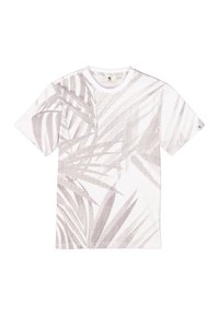 Korte mouwen t-shirt in lichtroze met een subtiele palmbladprint, ronde halslijn en zachte stoftextuur.