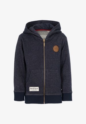 Felpa con zip blu navy realizzata in tessuto testurizzato, con patch logo frontale, due tasche e polsini e orlo a costine.