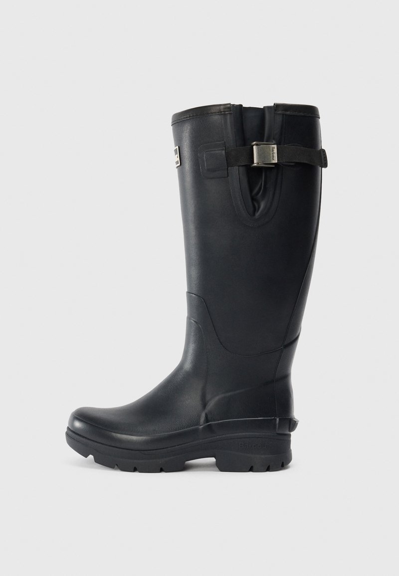 Black rubber knee-high rain boot with a smooth texture, sturdy sole, and adjustable buckle detail at the top for a snug fit.