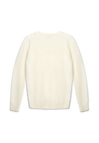 Cremefarbener, langärmeliger Strickpullover mit Rundhalsausschnitt sowie gerippten Manschetten und Saum, von hinten auf einem weißen Hintergrund gezeigt.