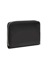 Portafoglio in pelle nera con chiusura a zip, caratterizzato da una texture liscia e un design minimalista. Forma rettangolare compatta.