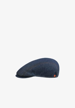 Dark blue denim flat cap with visible stitching and a small round orange logo on the side, isolated on white background.