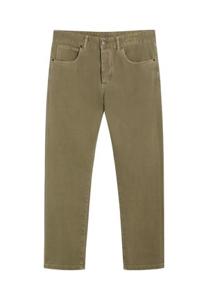 Pantalones de color verde oliva fabricados en tejido de algodón, con dos bolsillos frontales y un cierre frontal con botón. Diseño de pierna recta con costuras simples.