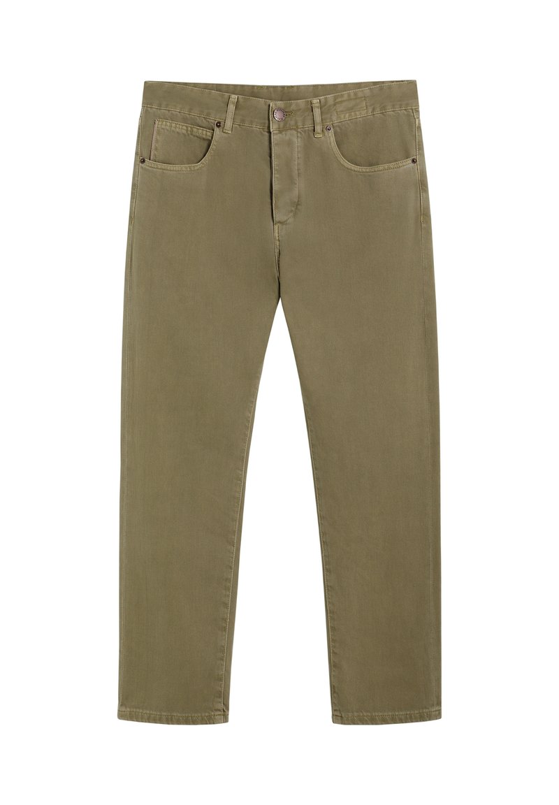 Pantalones de color verde oliva fabricados en tejido de algodón, con dos bolsillos frontales y un cierre frontal con botón. Diseño de pierna recta con costuras simples.