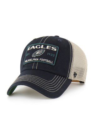 Schwarze und beige Baseballkappe aus Mesh mit dem Aufnäher "Eagles Philadelphia Football" und dem Teamlogo auf der Vorderseite, gebogenem Schirm und Nahtdetails.