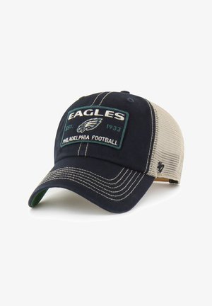 Schwarze und beige Baseballkappe aus Mesh mit dem Aufnäher "Eagles Philadelphia Football" und dem Teamlogo auf der Vorderseite, gebogenem Schirm und Nahtdetails.