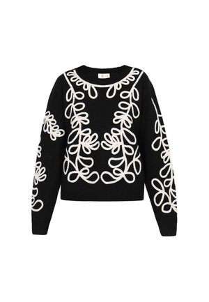 Mustern mustriga valge tikandiga must kampsun. Ümar kaelus, pikad varrukad ja lühike lõige koos ribatud servade detailiga.