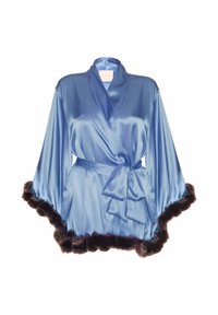 Blue satin robe with a wrap design, long sleeves, and a tie waist. Features a fur trim along the hem in dark brown. Smooth texture.
