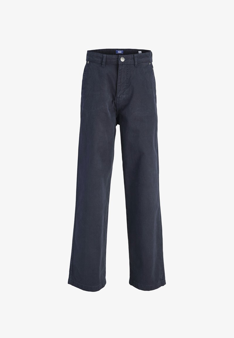 Pantalons large bleu marine en coton, dotés d'une fermeture à bouton et de poches avant. Texture lisse sans motifs visibles.