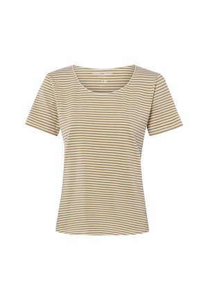Beige-weiß gestreiftes T-Shirt mit kurzen Ärmeln und rundem Ausschnitt, auf weißem Hintergrund dargestellt.