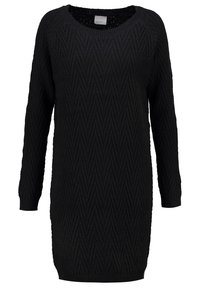 Vestito in maglia nera con motivo a zigzag, maniche lunghe e scollatura rotonda. Tessuto testurizzato con una vestibilità morbida e rilassata.