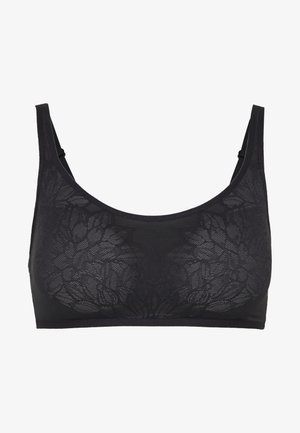 Must mustriga, mis on kaunistatud lillelise pitsmustriga, pehme kangas, laiad rihmad ja sile bänd. Kujundatud mugavuse ja katvuse tagamiseks.