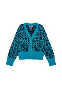 Tyrkis kofta med svart mönster. Har v-ringning, långa ärmar, ribbade ärmslut och knappar framtill. Designen inkluderar smiley-ansikten och text.