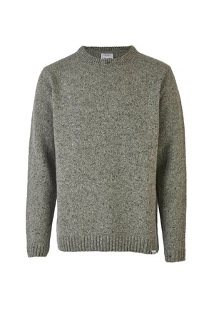 Gray knit sweater with a round neckline, ribbed cuffs and hem, and a textured finish featuring flecks of darker shades throughout.