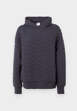 Dunkelgrauer Hoodie mit einem strukturierten Muster aus kleinen Nike-Logos. Verfügt über eine Kapuze und lange Ärmel sowie einen gerippten Saum und Bündchen.