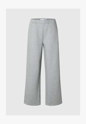 Light gray wide-leg pants made of soft fabric, featuring an elastic waistband and a simple, unadorned design.