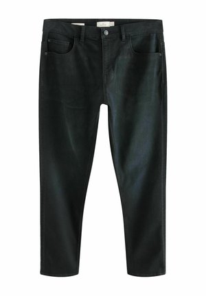 Jeans de mezclilla negra con cinco bolsillos, textura suave y corte regular. Presenta un cierre de botón y detalles sutiles de desvanecimiento y arrugas.