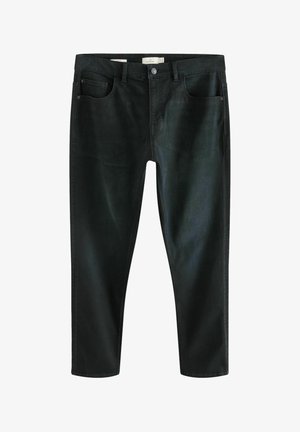 Schwarze Jeans aus Denim mit fünf Taschen, einer glatten Textur und normaler Passform. Verfügt über einen Knopfverschluss sowie dezente Ausbleichungen und Waschungen.