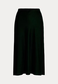 Dark green, satin midi skirt with a smooth texture, a fitted waist, and a flared hem, offering a fluid silhouette.