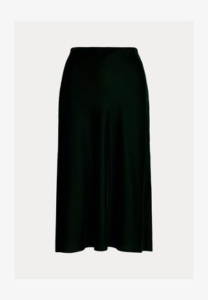 Saia midi de cetim verde escuro com uma textura suave, cintura ajustada e acabamento largo, proporcionando uma silhueta fluida.