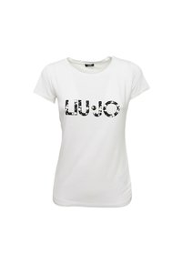 T-shirt bianco a maniche corte, con un design grafico in bianco e nero "LIU·JO" realizzato con materiali testurizzati sulla parte anteriore.