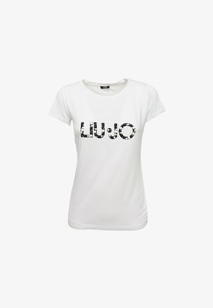 T-shirt bianco a maniche corte, con un design grafico in bianco e nero "LIU·JO" realizzato con materiali testurizzati sulla parte anteriore.