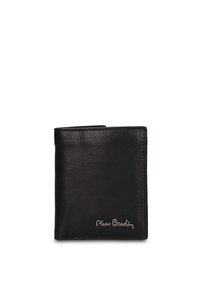 Portafoglio bifold in pelle nera con superficie testurizzata, caratterizzato da un design cucito e un accento logo metallico sulla parte anteriore.