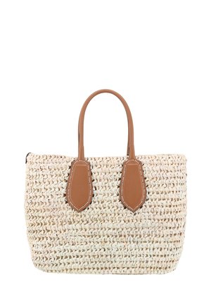 Woven straw tote bag with light beige color and brown leather handles. Features stitched accents and a spacious design.