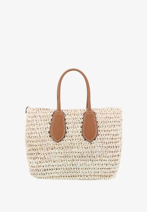 Woven straw tote bag with light beige color and brown leather handles. Features stitched accents and a spacious design.