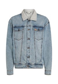 Veste en denim bleu clair avec fermeture à boutons, deux poches poitrine et un col en sherpa blanc.