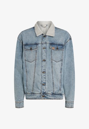 Light blue denim jacket with button front, two chest pockets, and a white sherpa collar.
