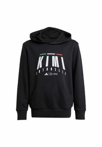 Felpa nera con cappuccio realizzata in morbido tessuto, caratterizzata da una grande stampa grafica bianca con "KIMI ANTONELLI" e accenti della bandiera italiana. Include una tasca frontale.