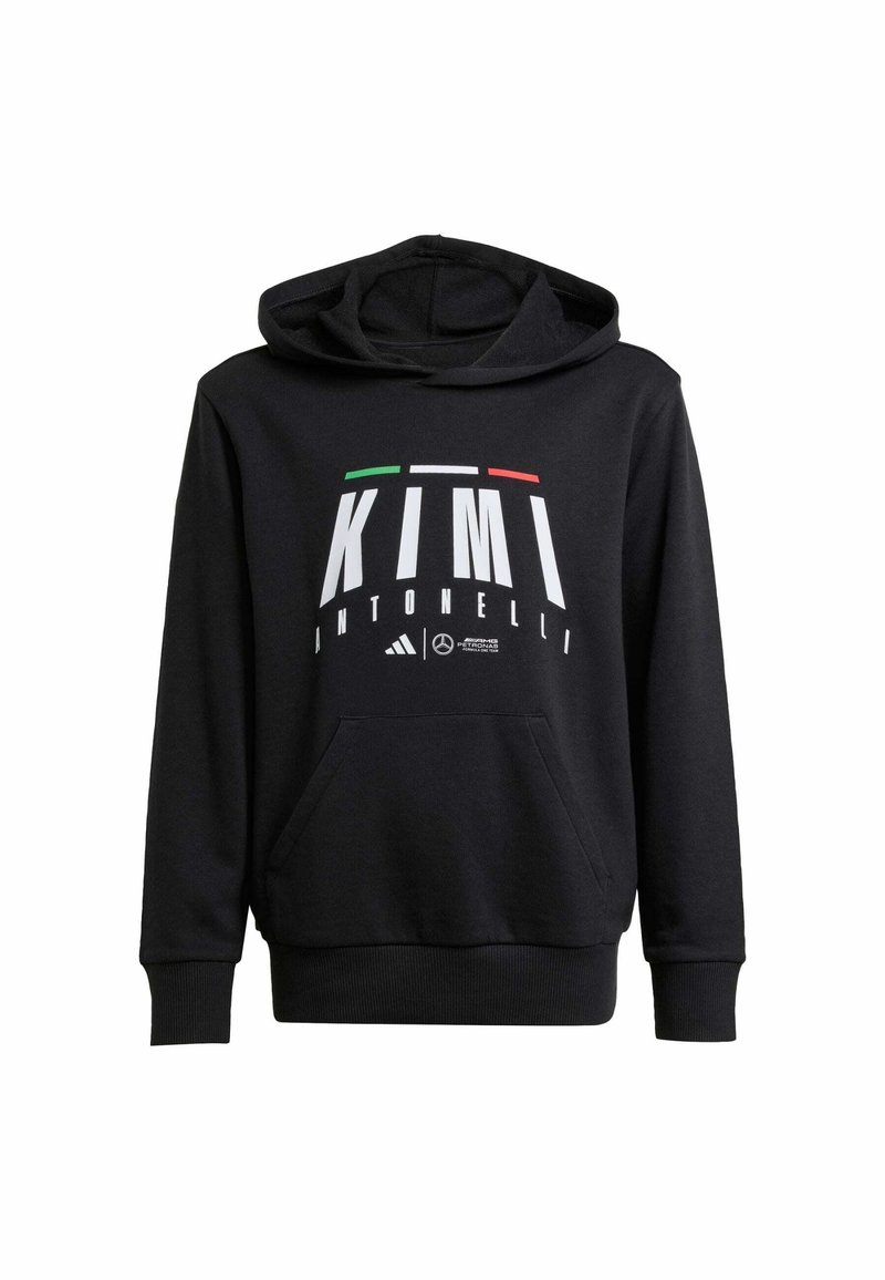 Felpa nera con cappuccio realizzata in morbido tessuto, caratterizzata da una grande stampa grafica bianca con "KIMI ANTONELLI" e accenti della bandiera italiana. Include una tasca frontale.