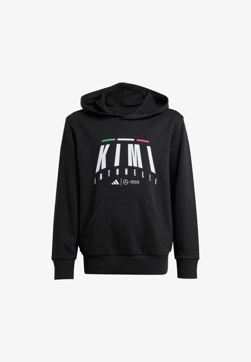 Felpa nera con cappuccio realizzata in morbido tessuto, caratterizzata da una grande stampa grafica bianca con "KIMI ANTONELLI" e accenti della bandiera italiana. Include una tasca frontale.