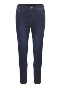 Smala jeans i mörkblå denim, med knappstängning, fem fickor och kontrasterande gult stygn längs sömmarna.